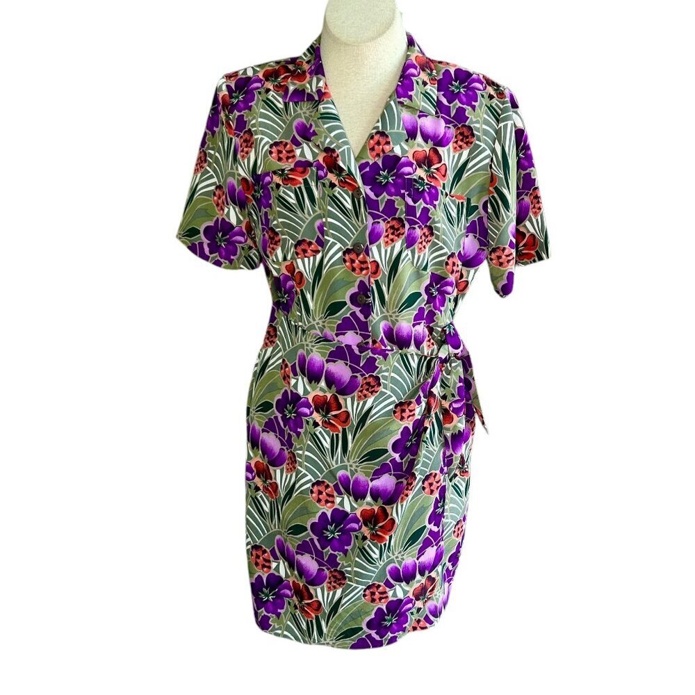 Cimmaron Vintage 90s Purple Floral Faux Wrap Dress Size 8